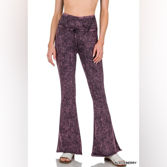 MINERAL WASHED HIGH WAIST RAW EDGE HEM PANTS - Picture 1 of 4